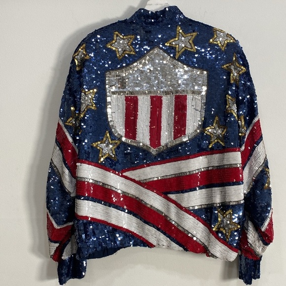 Vintage MODI Pure Silk USA Themed Jacket Pockets Large - Picture 6 of 13